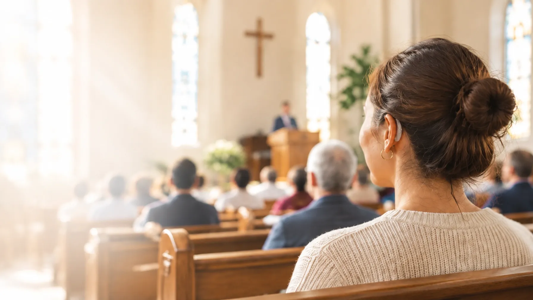 A church member listening attentively during a bright worship service