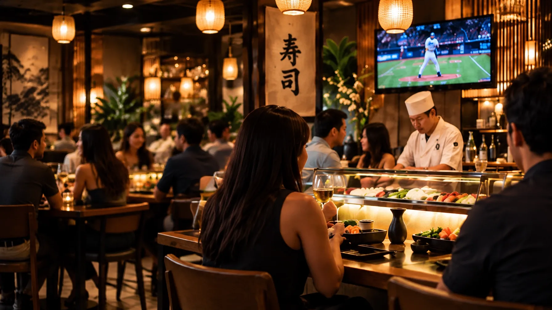 Guests enjoying a lively sushi restaurant while watching a wall-mounted television