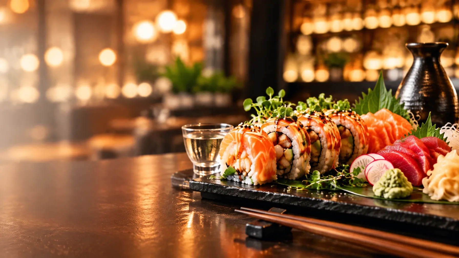 Sushi rolls and sake on a restaurant table